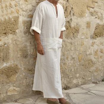 

5XL Muslim Long Men's Shirt Plus Size Casual Loose Long Sleeves Male Pocket Arab Fashion Cotton Linen Button Plain Sleep Robes