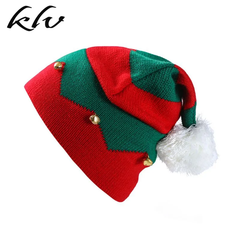 

Toddler Kids Christmas Knitted Elf Hat with Small Bells Contrast Color Wavy Stripes Crochet Pompom Santa Cap Party Supplies