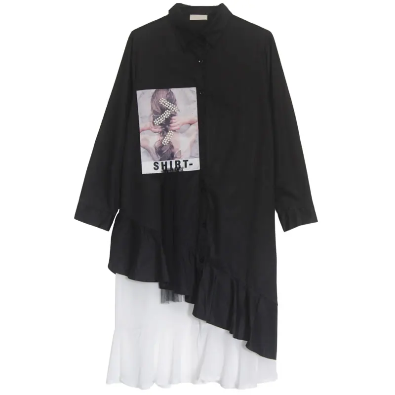 XITAO лоскутное платье с буквенным принтом черного цвета женская одежда модное платье с оборками с отложным воротником осень Новинка ZYQ1952 - Цвет: see picture  ZYQ1952