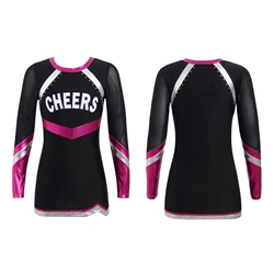 #4-14 Kids Girls Cheerleading Dance Dress Long Sleeve O-Neck Imitation Diamond Letter Print Mesh Patchwork Dress Jazz Dancewear