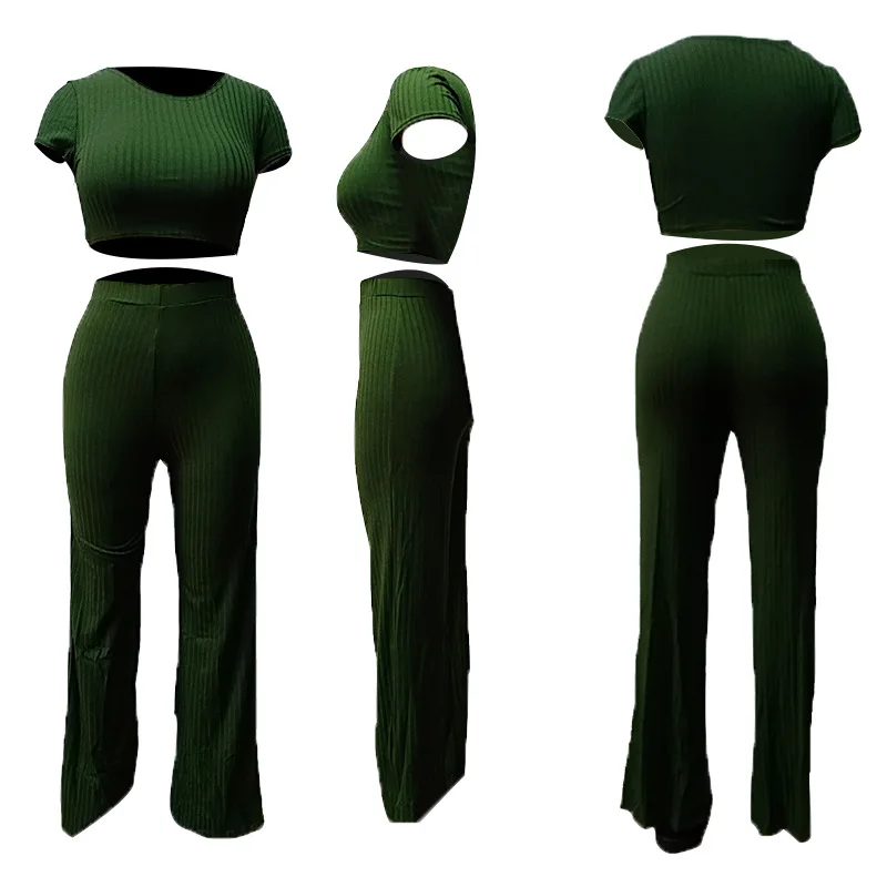 NORMOV комплект из двух предметов, Женский ребристый топ с круглым вырезом и длинные штаны, сексуальный осенний спортивный костюм с коротким рукавом для женщин