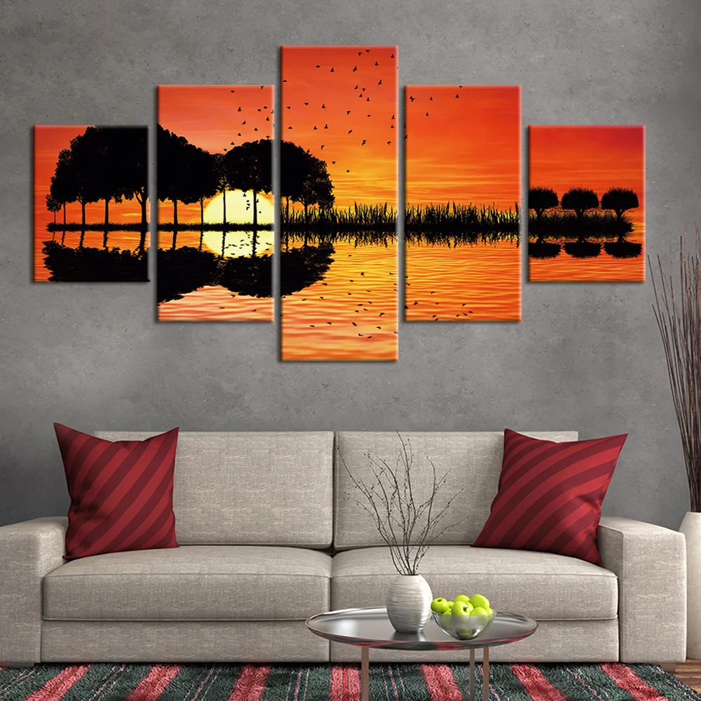 

5 Pieces Sunset Landscape ainting Tree Lake Pictures For Living Room Abstract Guitar Canvas Art Modern Wall Decoration Posters