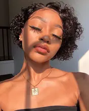 Pelucas de encaje frontal de corte pixie Bob, 150, 180, 250%, rizado, cabello humano con cierre de encaje Remy prearrancado