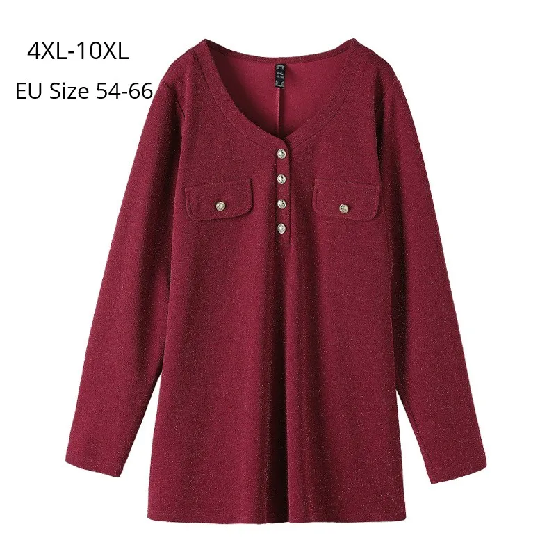 Женская Весенняя футболка с длинными рукавами размера плюс 10XL 8XL 6XL 4XL, Женская Повседневная тонкая футболка с v-образным вырезом, блестящие футболки для женщин