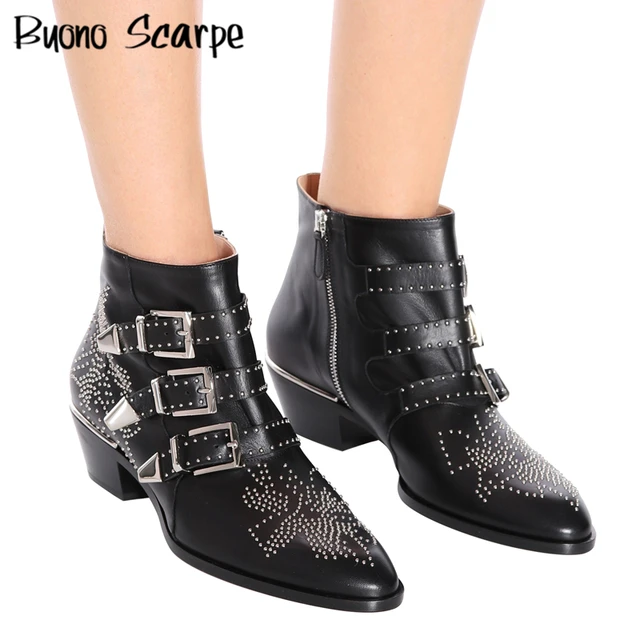 Susanna Botines bajos con tachuelas de Botines de Cuero Real para Mujer, botines  bajos de marca de diseñador, calzado Punk informal de alta calidad|Botas  hasta el tobillo| - AliExpress