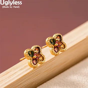 

Uglyless Multi Colors Natural Tourmaline Spinning Windmill Ring Studs Earrings Jewelry Sets Gold 925 Silver Clover Earrings Gems