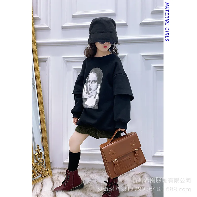 

Girls plus velvet sweater 2019 winter European and American retro avatar printing long paragraph hood t-shirt