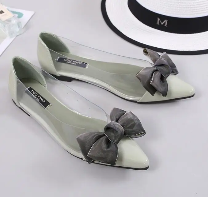 Прозрачная обувь; женская летняя обувь на плоской подошве с острым носком и бантом-бабочкой; женская обувь без шнуровки; модные тонкие женские туфли; лоферы - Цвет: light green