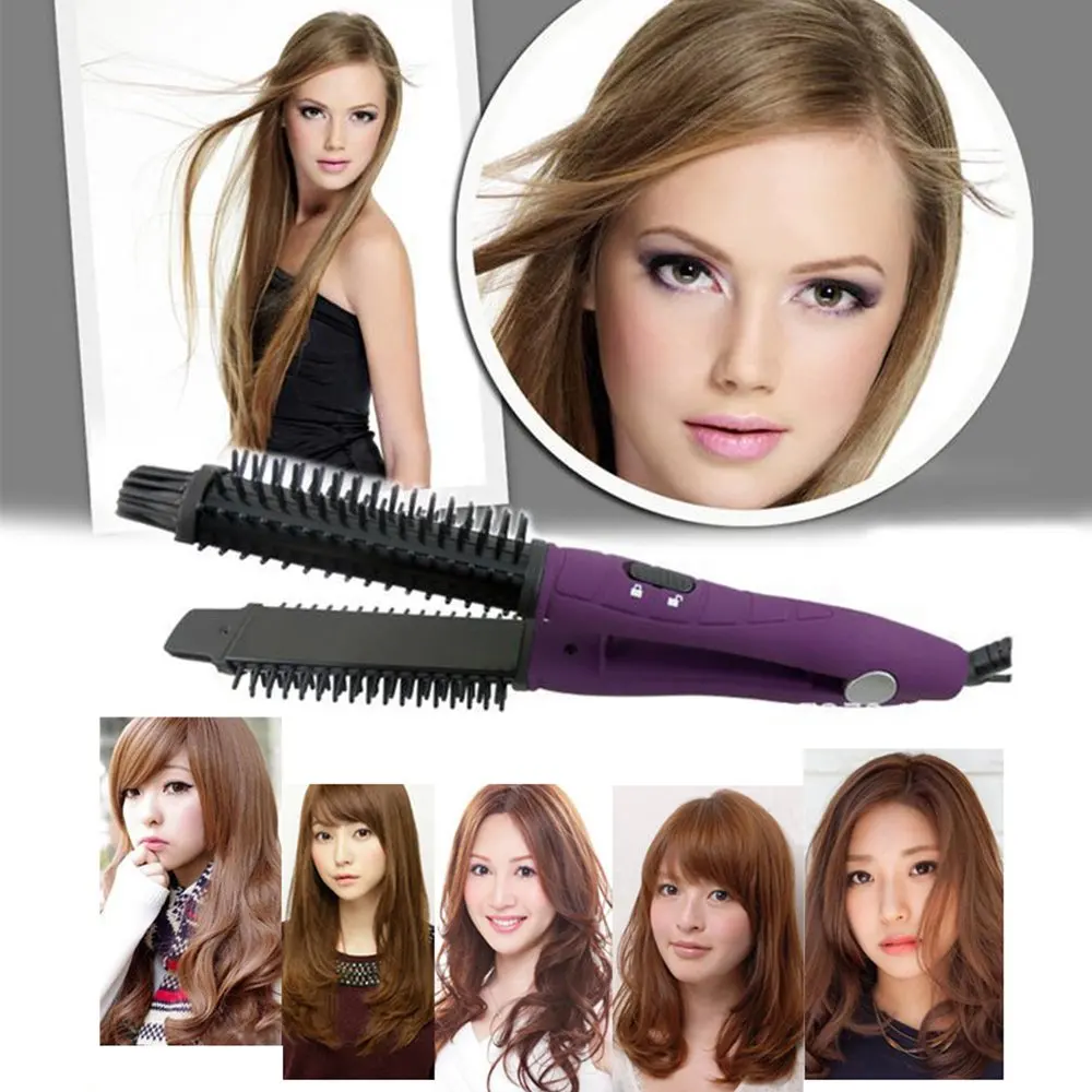 Электрический дорожный бигуди для волос, щетка для укладки, инструмент для завивки волос против завивки, керамический плоский утюг, стайлер фиолетового цвета