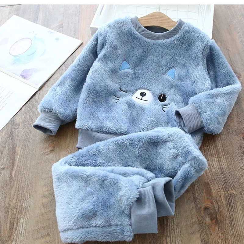 Autumn Winter Kid Flannel Pajamas For Children Plus Velvet Thicken Pajamas Warm Leisure Homewear Boys Set Cute Girls Clothes Set