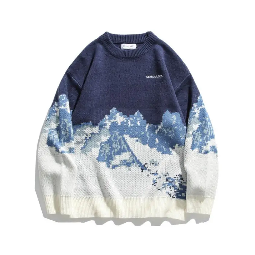 

2020 Men Hip Hop Streetwear Knitted Sweater Retro Vintage Snow mountain Sweater Cotton Harajuku Casual Pullover Sweater w1367