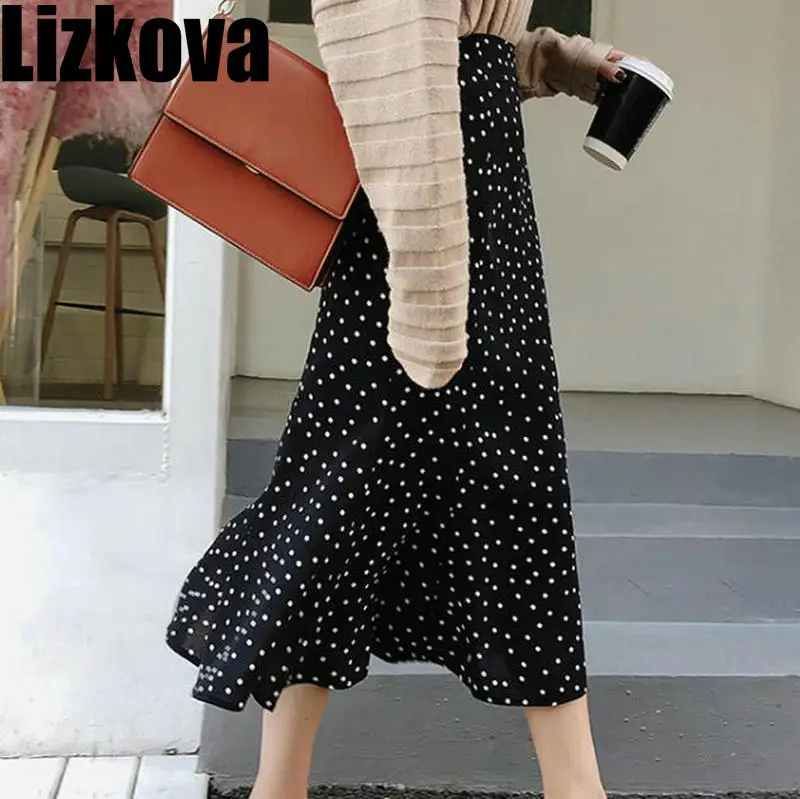Economici 2019 Autunno Nero Polka Dots Chiffon Pannello Esterno di Stile Coreano Delle Donne di Alta Vita Della Sirena del Pannello Esterno Elegante Gonna Midi