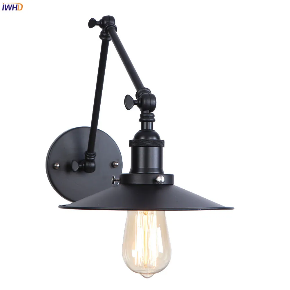 

IWHD Loft Decor Industrial Wall Light Fixture Bedroom Mirror Stair Black Swing Long Arm Wall Lamp Vintage Aplique Luz Pared LED