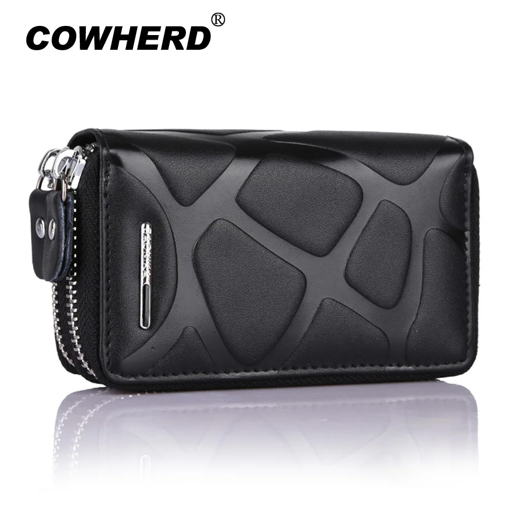 Multi-function Cow Leather Double Zipper Key Wallet Purse Unisex Car Key Holder 