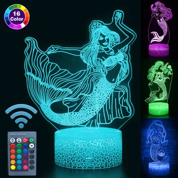 

16 Colors Ariel Figure 3D Night Lights Kids Christmas Gift Mermaid Princess LED 3D Night Lamp Bedroom Decor Desk Nightlight D30