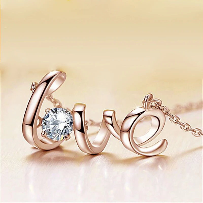 

1 Pc Hanging Letter Love Shape Link Chain Pendant Necklace Setting Cubic Zirconia Rose Golden Color Necklace for Lovers