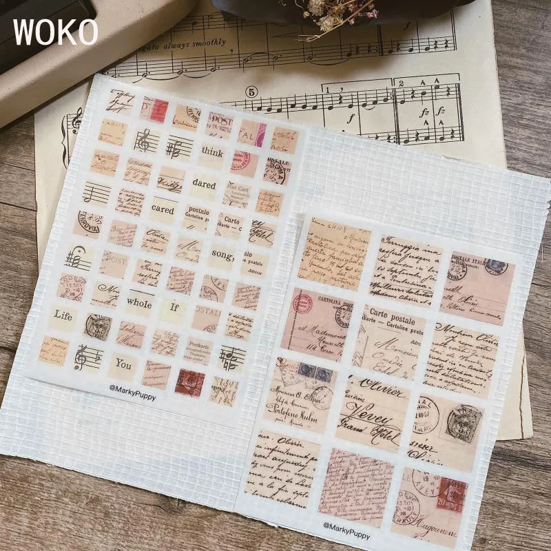 WOKO 4Sheets Retro Stamp Letter Postmark Musical Note Old Handbook Material Deco Die Cut Sticker DIY Bullet Journal Scrapbooking