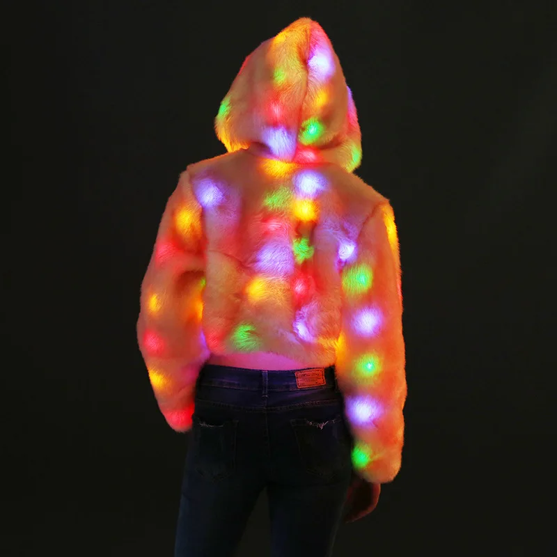women teddy coat LED Light Fashion Faux Fur Hooded Jacket with Prom Nightclub Costume Rabbit Pink Coat party sexy | Женская одежда