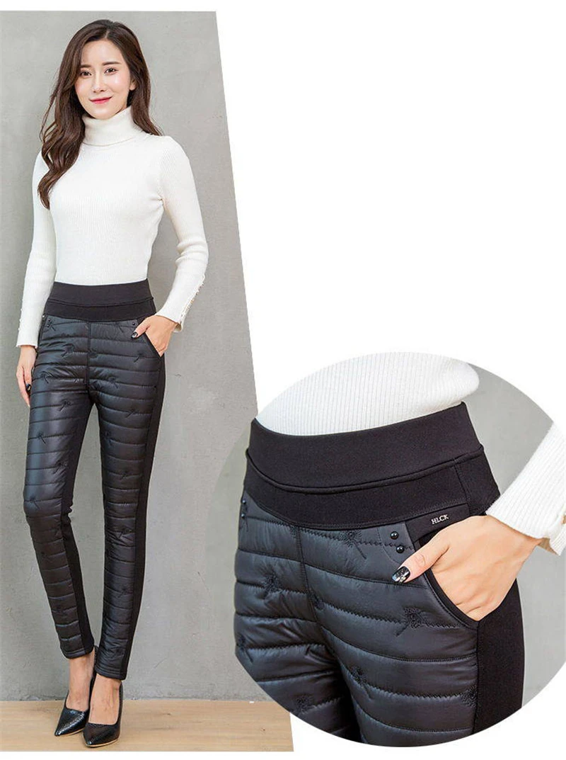 Зимние Пуховые брюки плюс бархатные толстые теплые женские брюки для мамы с высокой талией Эластичные Обтягивающие женские брюки большого размера 3XL
