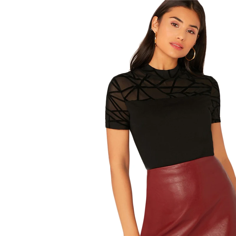 SHEIN черный сетчатый хомут, облегающий Топ, прозрачная футболка, Женская Осенняя футболка с коротким рукавом, элегантное, со стоячим воротником, тонкая футболка, топы