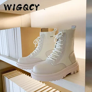 

Leather Ankle Boots Woman Lace Up Shoes Woman Fashion Knitted Elastic Round Toe Short Boots Platform Square Heels Boots Women