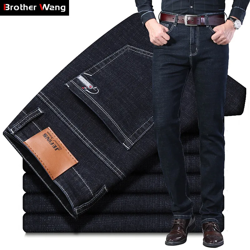Большие размеры 40, 42, 44, мужские деловые джинсы новые классические модные маленькие прямые Стрейчевые брюки мужские Брендовые брюки черного и синего цвета
