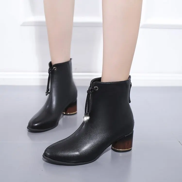 

Autumn And Winter New Style Leather Square Head Short Boots Women's Chunky-Heel Korean-style after Zipper Ankle Boots High Heel
