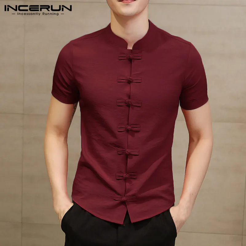 INCERUN Chinese Style Traditional Shirt Men Short Sleeve Vintage Elegant Shirt Solid Color Slim Men Casual Dress Shirts Chemise INCERUN Chinese Style Traditional Shirt Men Short Sleeve Vintage Elegant Shirt Solid Color Slim Men Casual Dress Shirts Chemise