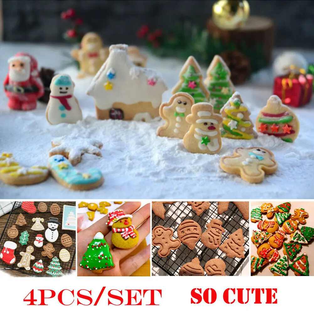 

New4 PCS/Set Christmas Cookie Biscuit Plunger Cutter Mould Fondant Cake Mold Baking Snowman/ Xmas Tree Baking Mould Fondant Mold