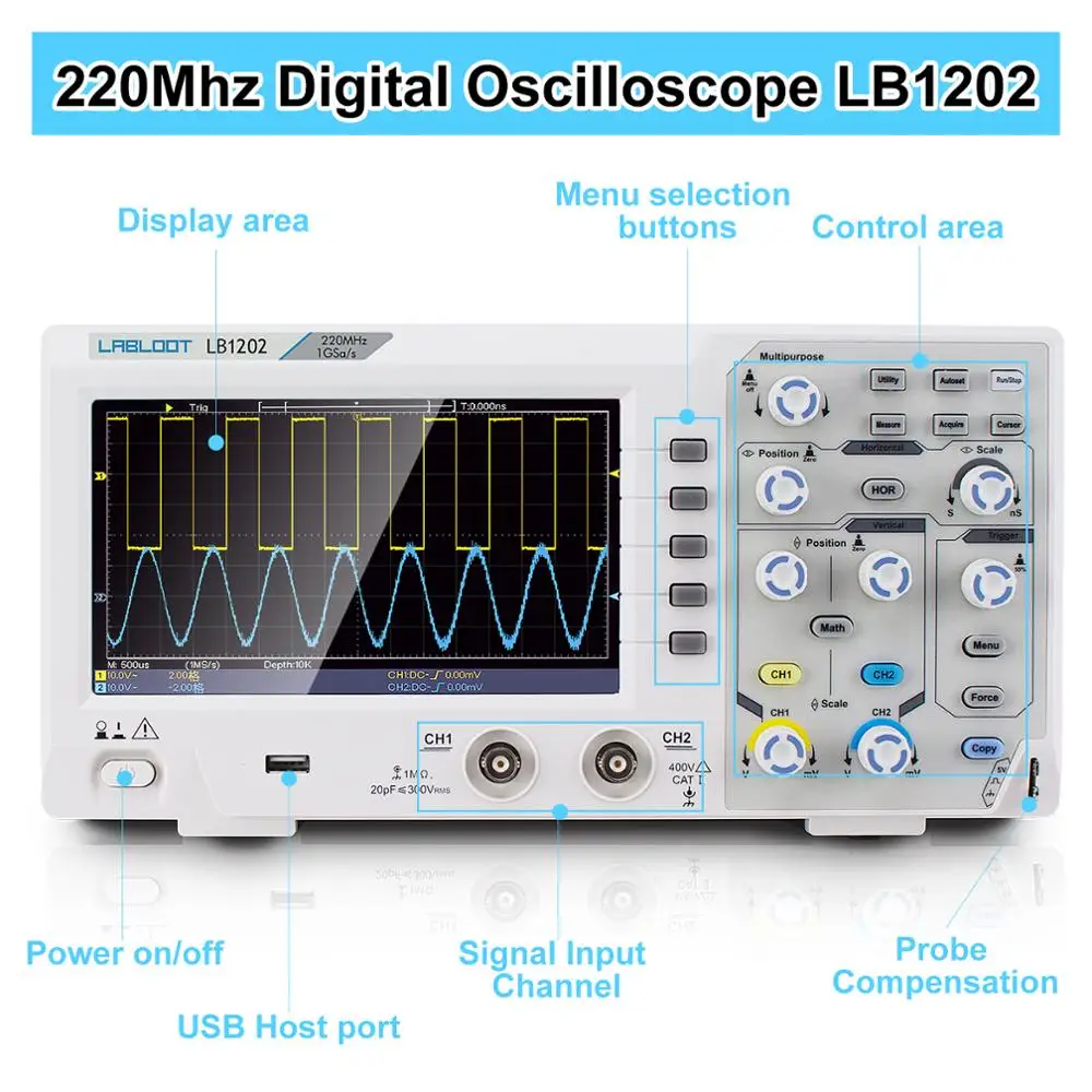 Labloot LB1202 220Mhz Bandwidth Digital Storage Oscilloscope 2 Channels 1GSa/s 7'' Handheld LCD Display Portable USB Oscilloscopes 