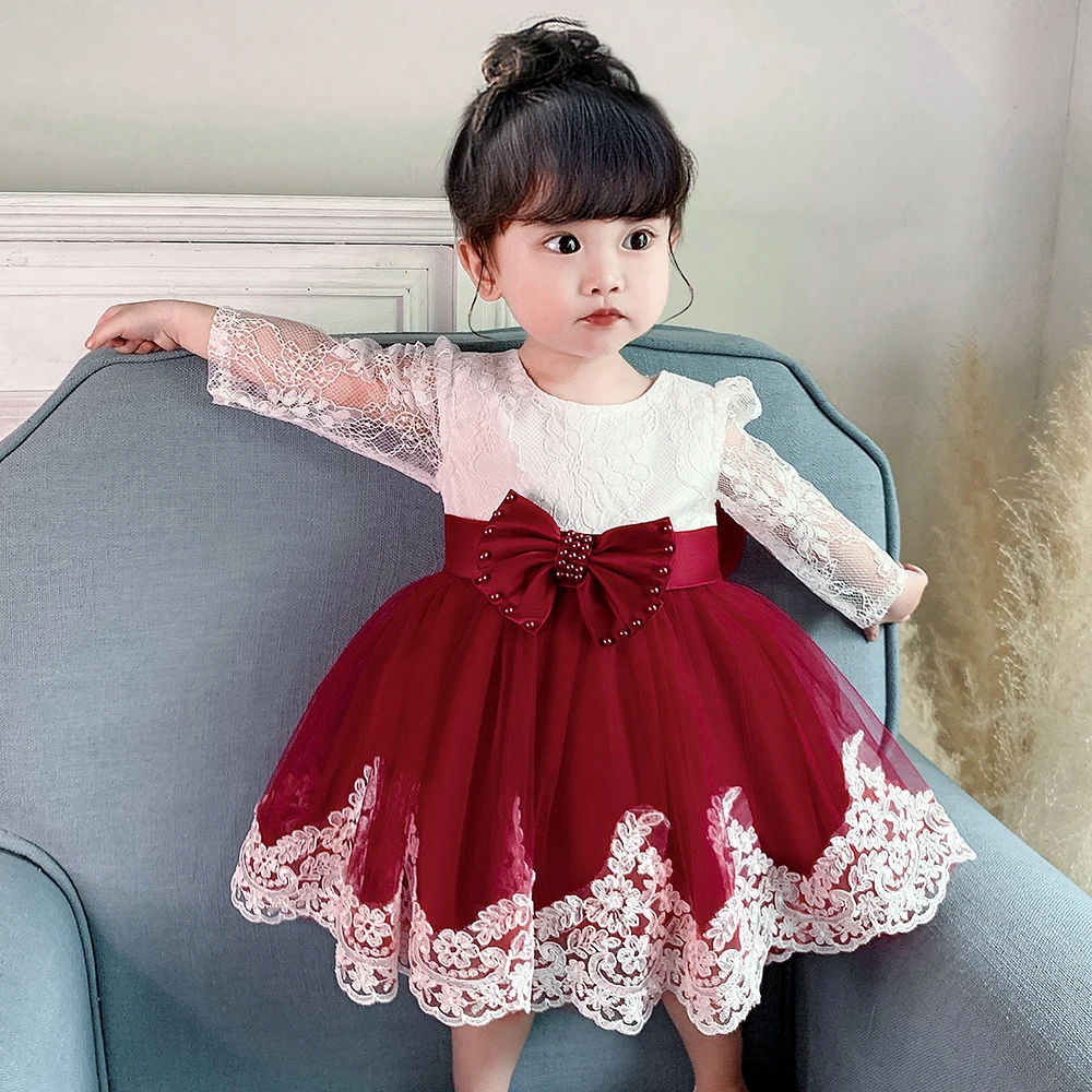 PLBBFZ Long Sleeve Bowknot Dress Newborn 1 Year Baptism Birthday Evening Baby Children's Dresses Party Wedding Kids Clothes