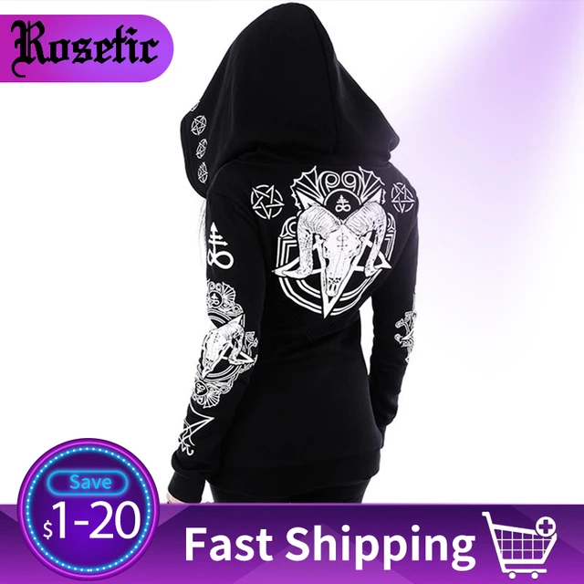 US $17.03 Rosetic Black Hoodie Sweatshirt Women Plus Size Coat Punk Gothic Print Hooded Hipster Streetwear Bi