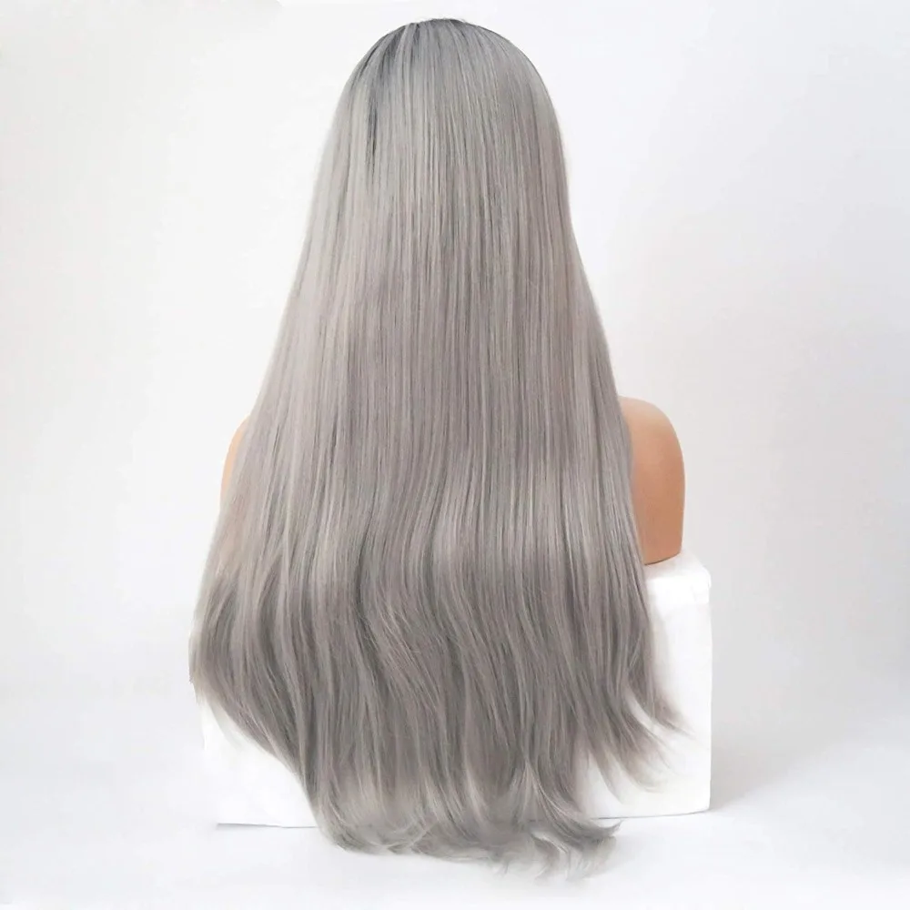 RONGDUOYI два тона серый цвет прямой синтетический парик на кружеве со средней частью длинные 24 дюйма бесклеевой 13x3 кружева парики для женщин