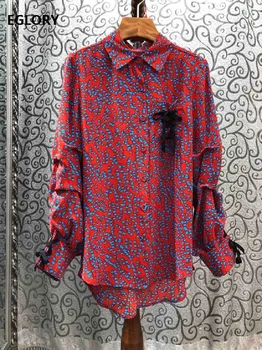 

High Quality Brand 2020 Spring Cotton Shirts Women Turn-down Collar Little Flower Prints Pleated Sleeve Casual Basic Shirts Tops