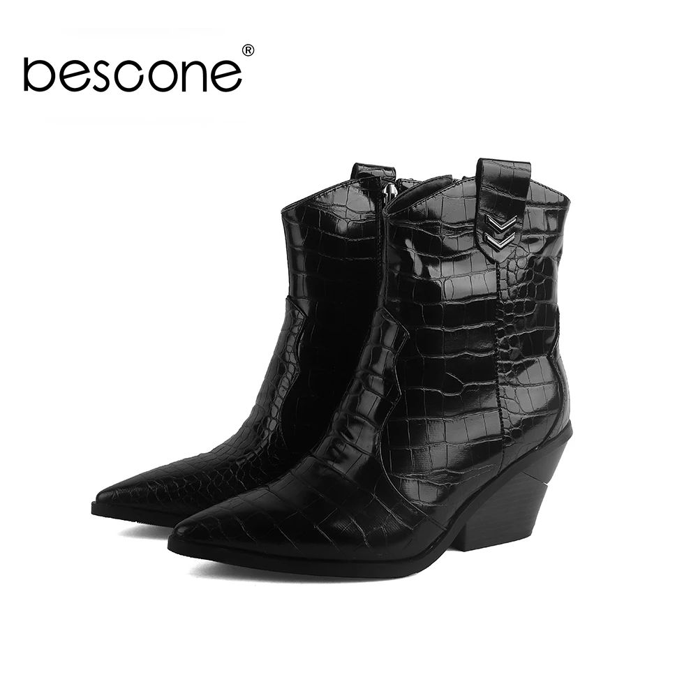 BESCONE/зимние женские ботинки до середины икры; черные ботинки ручной работы с острым носком на квадратном каблуке на молнии; новые женские ботинки из микрофибры; H5