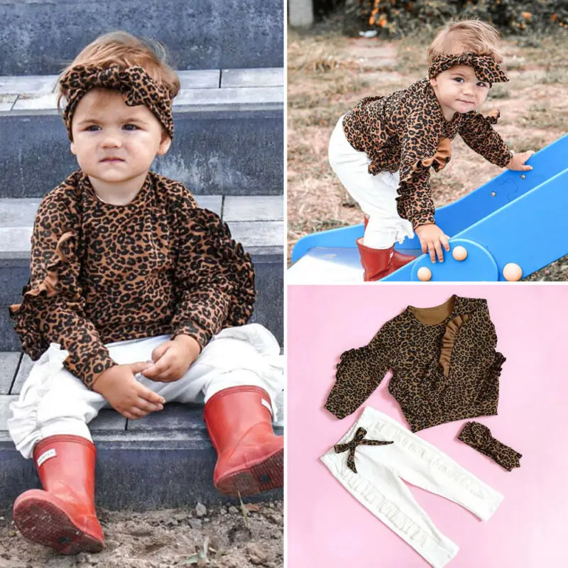 Комплект одежды для маленьких девочек; модные топы с длинными рукавами, оборками и леопардовым принтом; свитер; длинные штаны; детский спортивный костюм