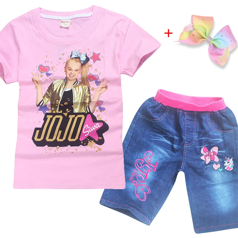 

2019 Short Jeans + 100%Cotton Tshirt Baby Girls Jojo Siwa Clothing Set for Kids Summer Children Tracksuits Costume Sport Suits
