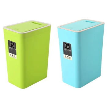 

2pcs 12L Bathroom Trash Can Toilet Kitchen Waste Bin Dustbin Garbage Bin Press Lid - Blue & Green
