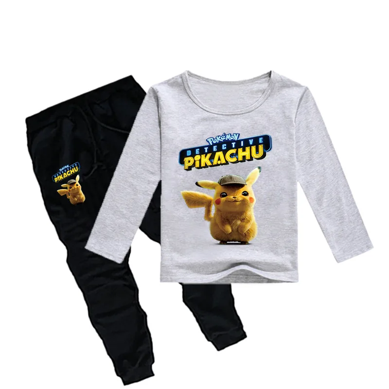 POKEMON GO Detective Pikachu/детская одежда для мальчиков и девочек осенний Свитшот комплект из 2 предметов, хлопковые спортивные толстовки с длинными рукавами и рисунком, Комплект футболок