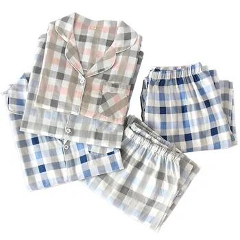 

Simple Style Men And Women Plaid Homewear Lovers Full Sleeve Pajamas Set Coupes Comfort Gauze Cotton 100% Sleepwear Set
