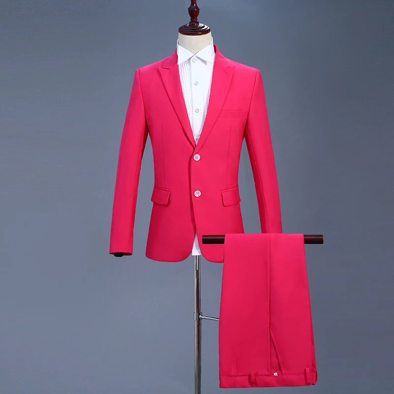 Хит, вечерние Свадебный или Выпускной костюм, модный мужской деловой костюм, с отворотом, тонкий, Повседневный, розовый, красный, однотонный, костюм, комплект(пальто+ штаны - Цвет: as picture