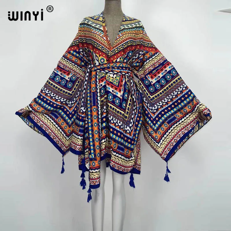 2021 WINYI new Cotton Bikini Sweet Lady Pink Boho Print Self Belted Front Open Long Kimono Dress Beach Tunic Women Wrap Dresses bathing suit with matching cover up