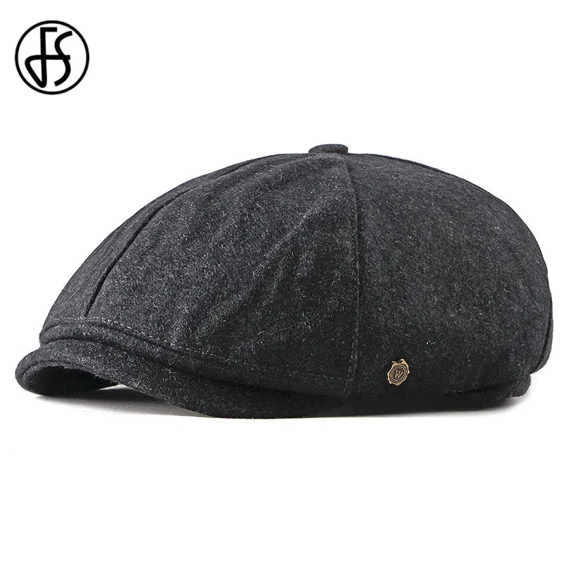 

FS Fashion Warm Winter Octagonal Hats Black Wool Hat Man Newsboy Caps Solid Color Male Female Gatsby Vintage Flat Caps