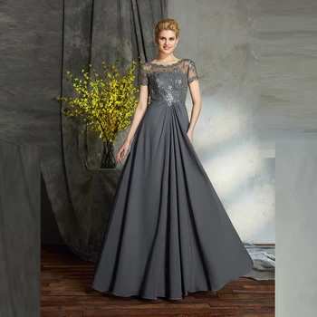 

2020 Hot Sale Gray Floor Length Lace Beaded Mother of the Bride Dresses With Short Sleeves Jewel Wedding Party Gowns Backless