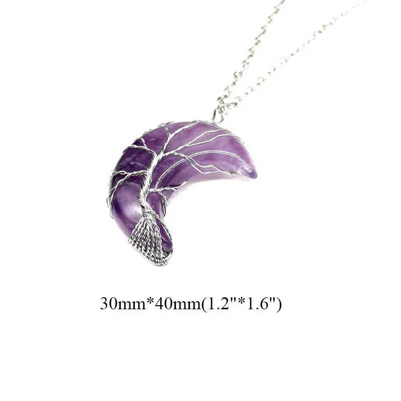 Life Tree Crescent Moon Shape Pendant Silvertone Wire Wrap Natural Gemstones Healing Crystal Women Necklace