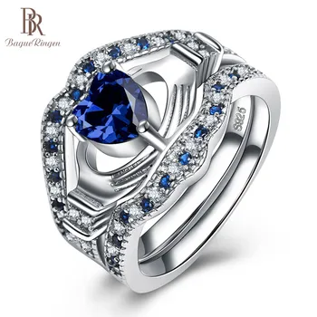 

Bague Ringen Sapphire Silver 925 Rings for Women Fine Jewelry with Gemstone Three piece suit Blue Heart Female Party Ring Gift