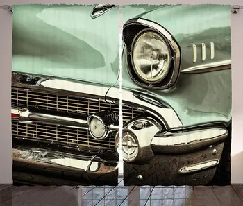 

1950s Window Curtains Retro Styled Image of a Front of a Green Antique Car American Bumper History Polished Living Room Bedroom