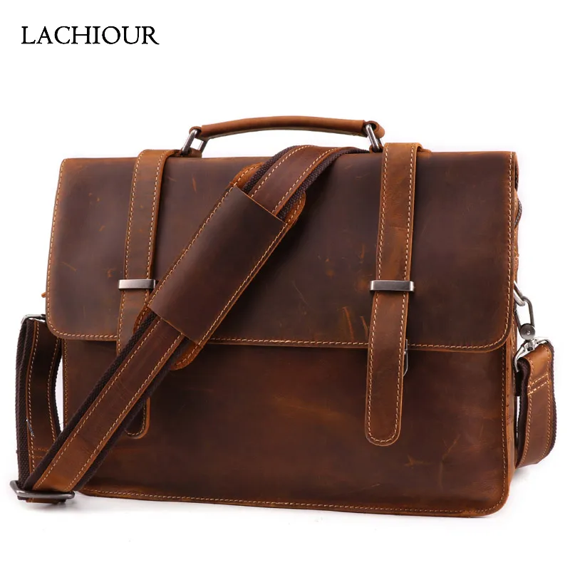 Retro Casual Genuine Leather Briefcases Crazy Horse 14 Inch Laptop Bag Cowhide Handbag Ipad Crossbody for Man |