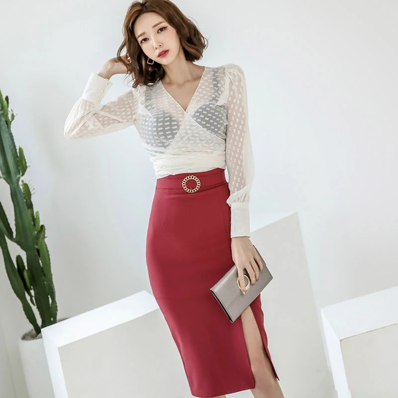 

Autumn Winter Sexy Two Piece Set for Women See Through Blouse and Red Split Bodycon Skirt Ladies Modis Streetwear 2 Piece Set