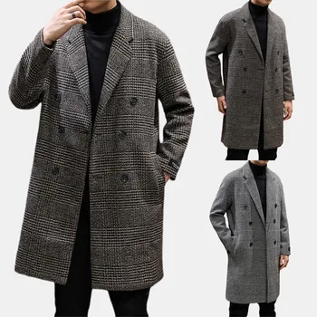 

Autumn Winter Mens Plaid Print Jacket Male Overcoat Casual Slim Collar Pocket Coats Long Woolen trench Coat Streetwear CFWS